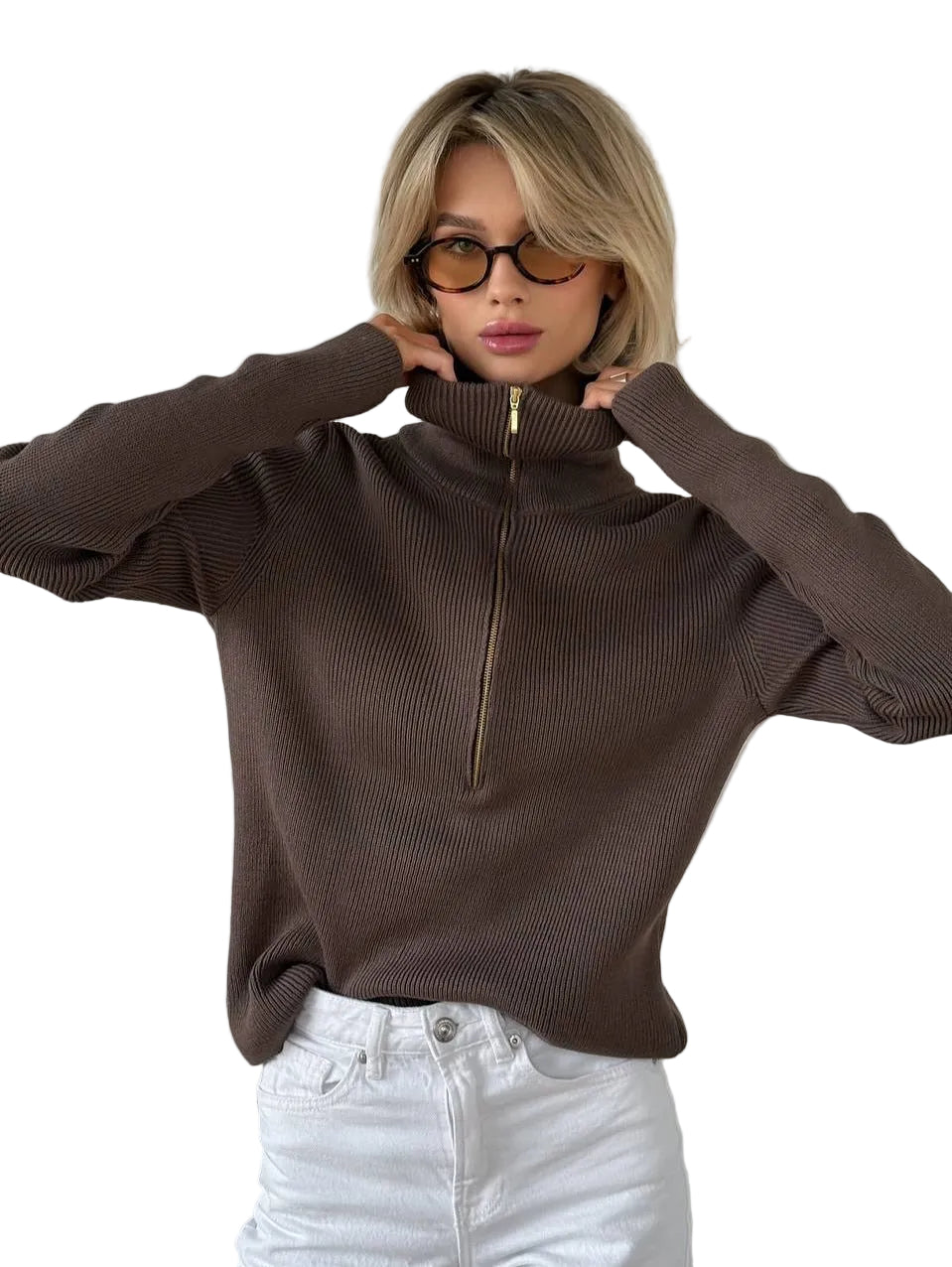Damski Prążkowany Sweter Z Zamkiem 1/2