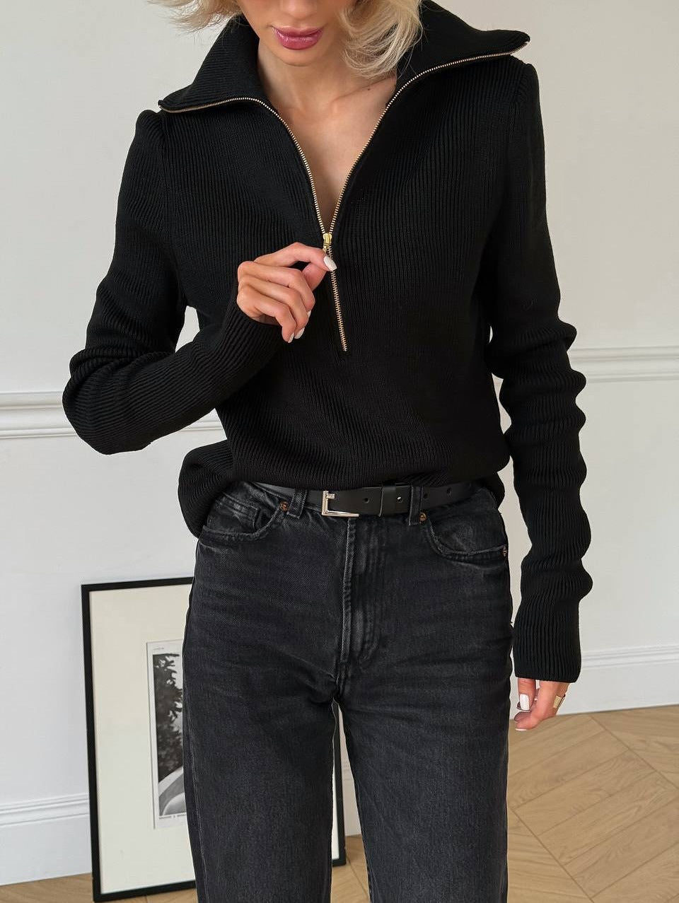 Damski Prążkowany Sweter Z Zamkiem 1/2