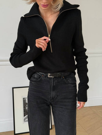 Damski Prążkowany Sweter Z Zamkiem 1/2