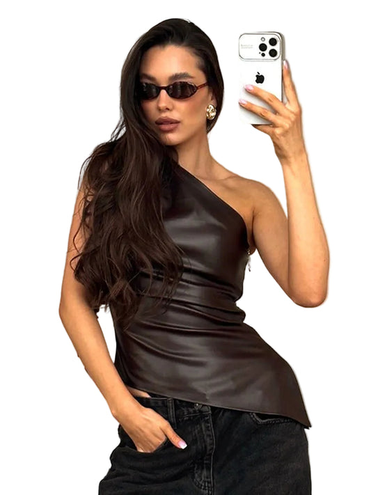 Damski Top Z Ekoskóry Na Jedno Ramię